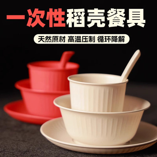 稻壳一次性餐具家用即弃碗筷碟勺杯子三四件组合套装野餐盒