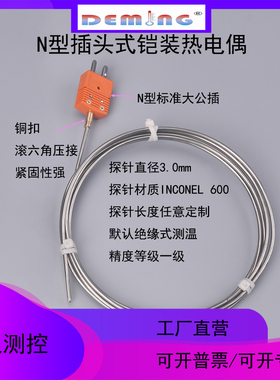 N型插头式铠装热电偶进口材质探针一级精度耐高温wrnk-171传感器