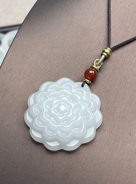 和田色青白玉花吊坠 天然玉女人花玉佩花开富贵挂件毛衣链挂