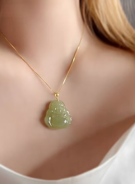 和田色晴水弥勒佛佛公吊坠项链佛挂件女笑佛坠佩女时尚百搭