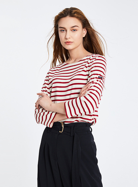 SAINT JAMES蓝色条纹海魂衫女装圆领薄款条纹T恤女七分袖纯棉夏装