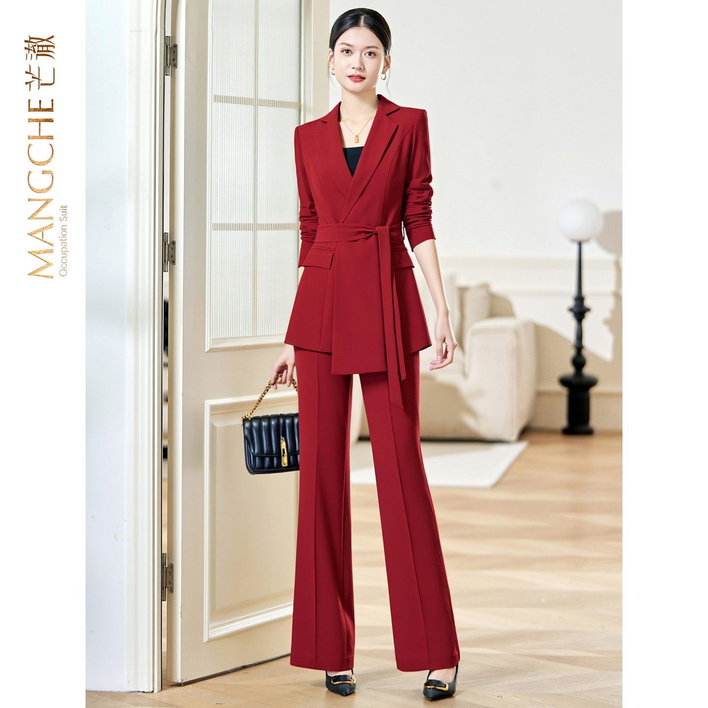 高级感红色绑带西装套装女春秋长袖气质修身职业西服两件套工作服
