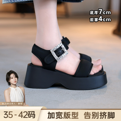 BL静哥加宽大码女鞋K62095欧美坡跟水钻高跟凉鞋一字带防水台厚底
