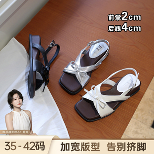 BL静哥加宽大码女鞋Y62156法式蝴蝶结坡跟凉鞋女一字带厚底罗马鞋