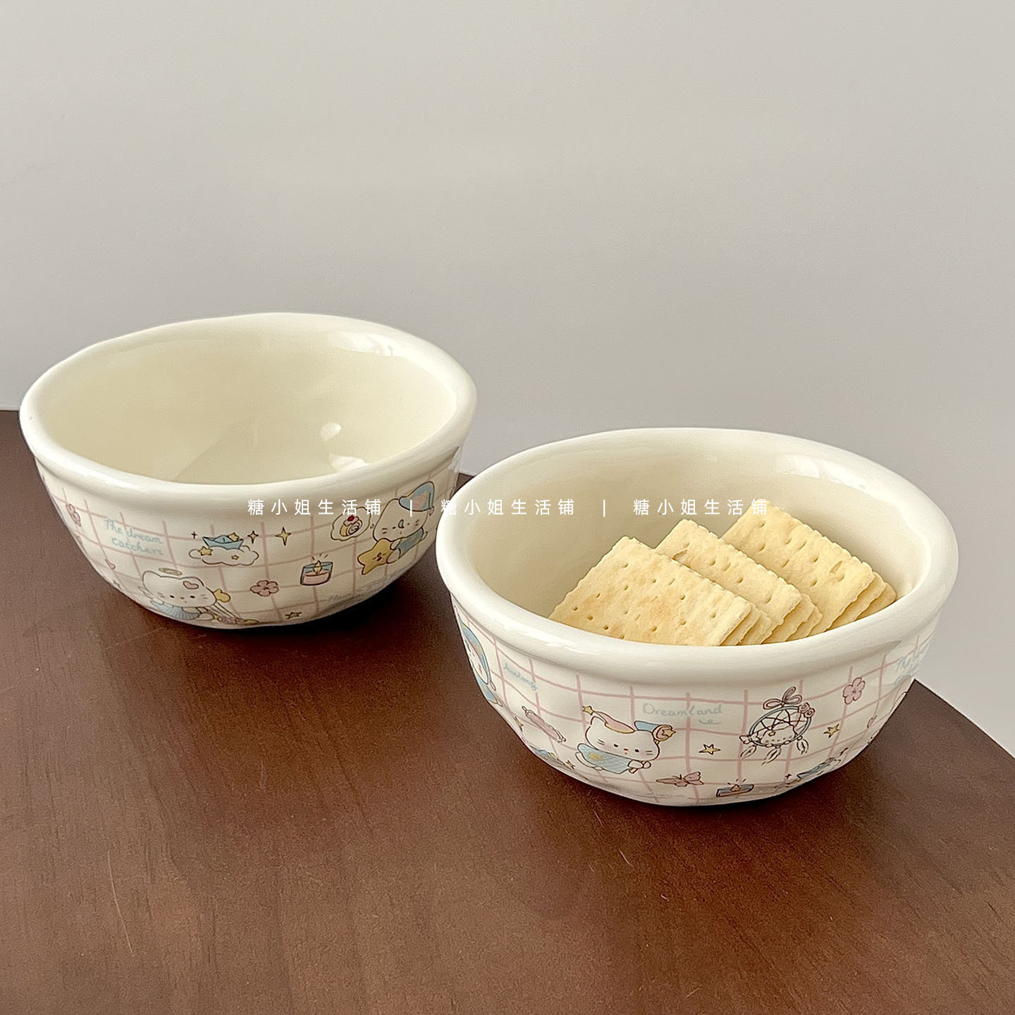 网红ins风粉色格子KT猫漂亮饭碗