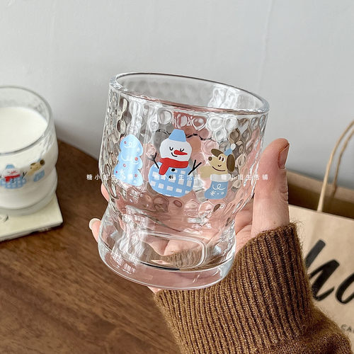 可爱圣诞雪人玻璃杯牛奶杯果汁杯