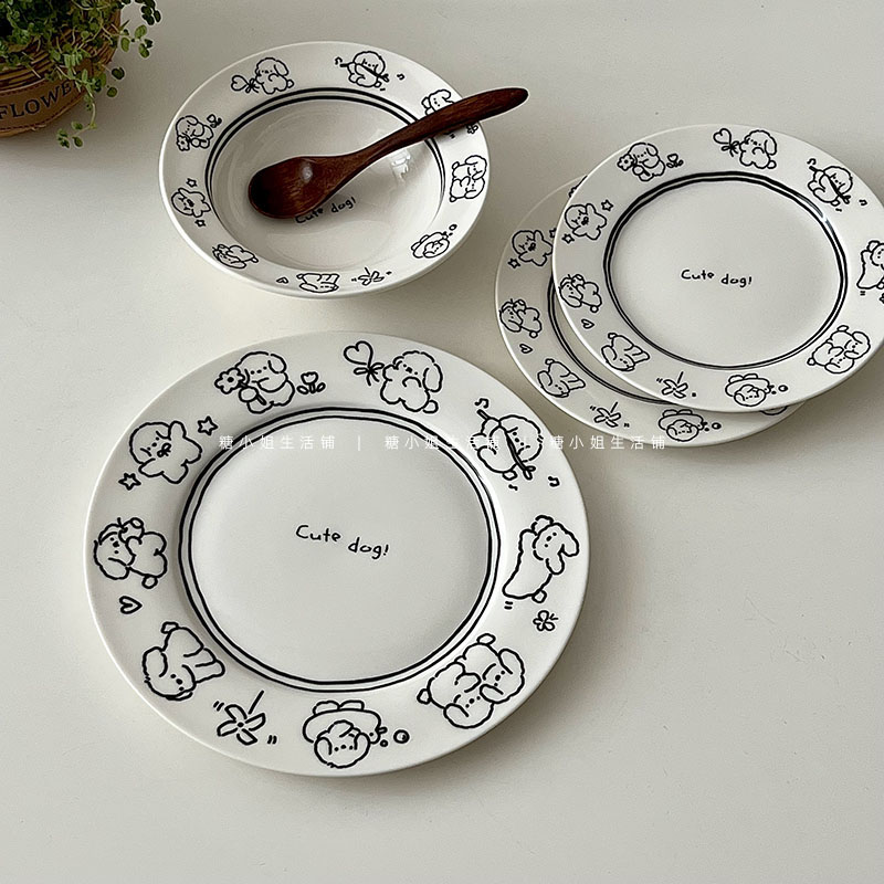 糖小姐 韩国风ins陶瓷餐具家用可爱线条小狗盘子吐骨碟沙拉酸奶碗