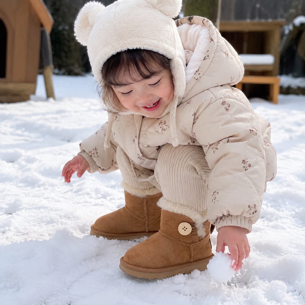 河南桑坡皮毛一体儿童雪地靴一脚蹬抗寒保暖防滑防水可爱美拉德风