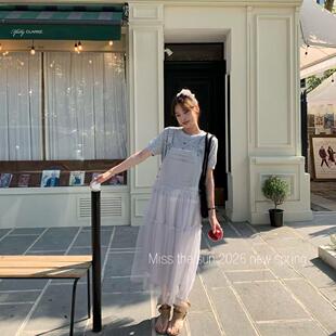 韩系设计感减龄网纱连衣裙女2026新款小个子早春仙女裙百搭背带裙