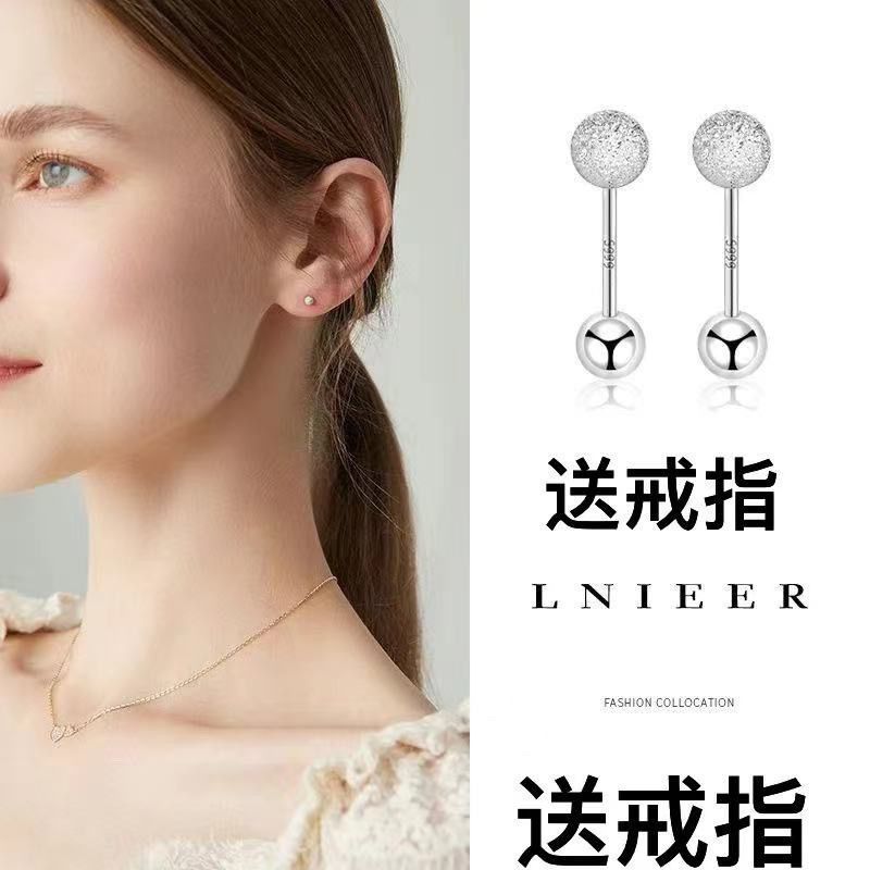 S925纯银耳钉女耳骨钉睡觉免摘耳棒螺丝拧扣耳环2025新款爆款耳饰