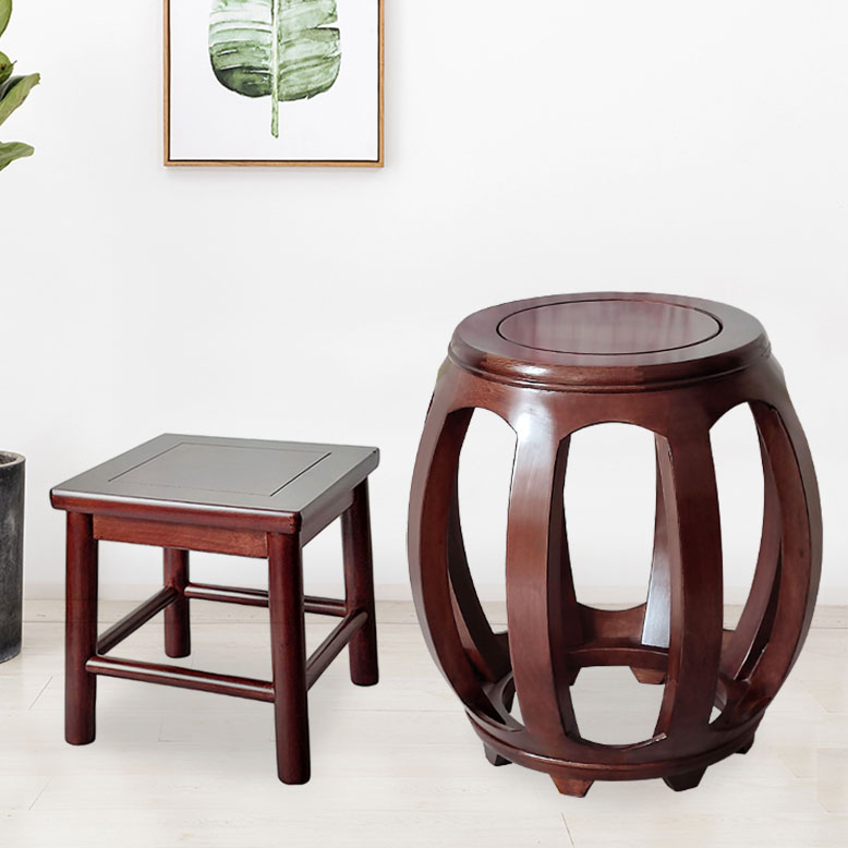 胡桃色家具中式简约实木凳子客厅茶几矮凳北美色圆凳小靠背椅鼓凳