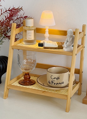 ins中古风藤编木质双层桌面置物架卧室办公厨房奶油色杯架整理架