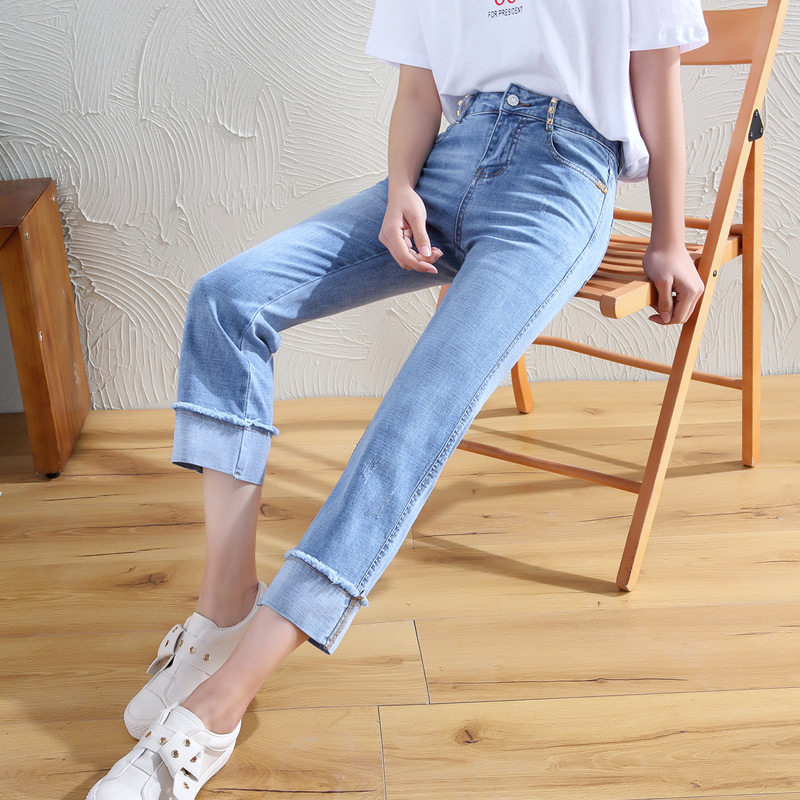 八分牛仔裤女2020新款浅色宽松高腰小个子卷边直筒显瘦百搭七分裤