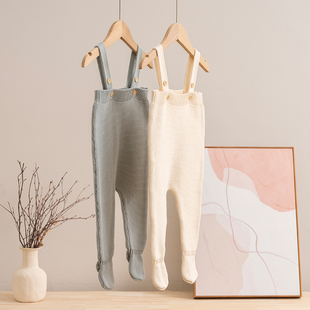 拉波米春秋婴儿背带裤ins韩版儿童针织长裤宝宝护肚毛线裤包脚裤