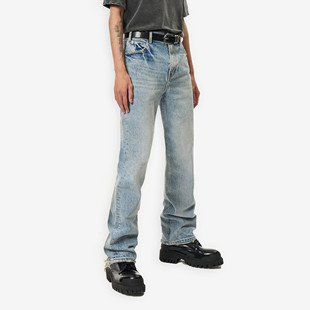 viavitsoe雪花纹理复古裤脚磨破经典直筒冰蓝牛仔裤休闲男女非501