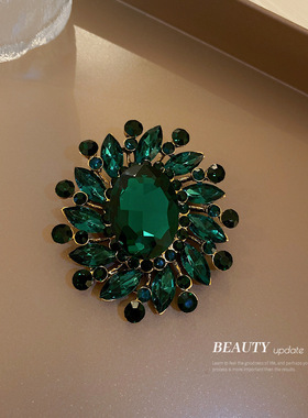 祖母绿色镶水钻花朵胸针时尚新款复古胸花别针气质百搭外套配饰女