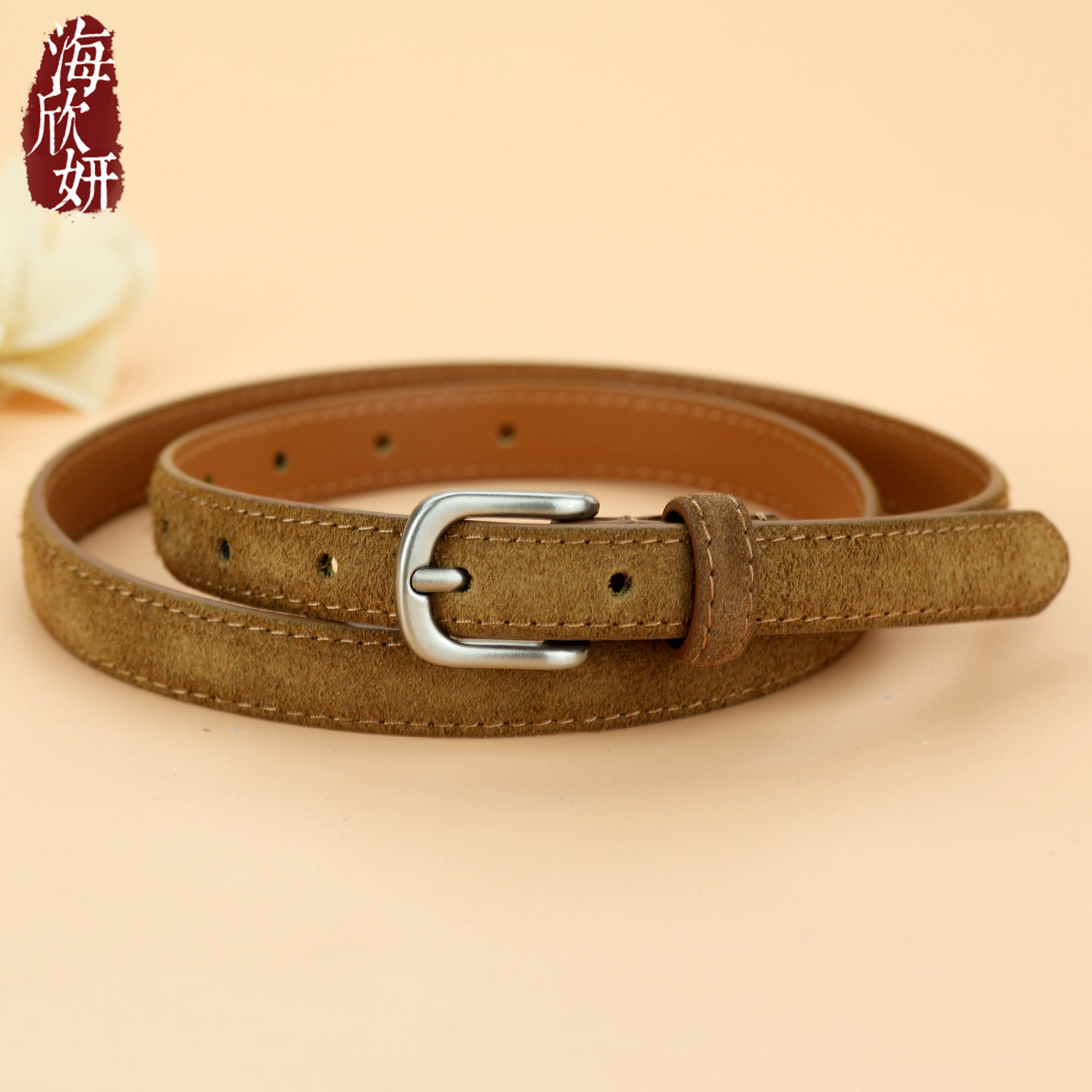 细腰带女款真皮牛皮咖色复古时尚绒面小皮带百搭装饰配裙子西裤带