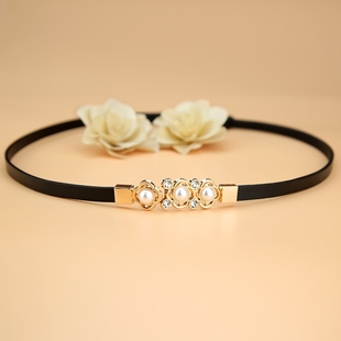 腰带女真皮头层牛皮黑色时尚百搭装饰皮带细配连衣裙束腰珍珠腰链