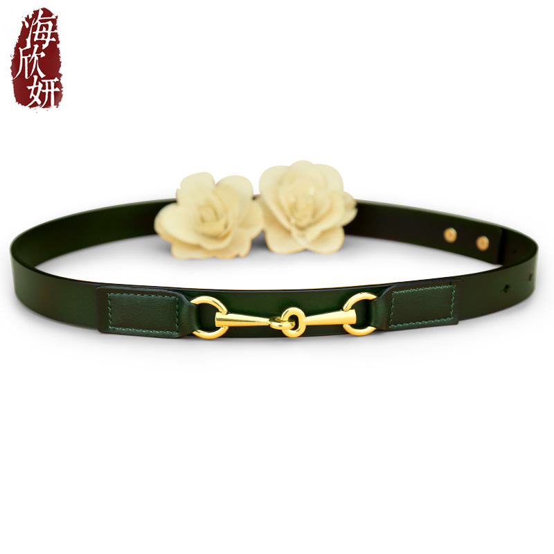 腰封女真皮牛皮宽腰带绿色时尚装饰配连衣裙风衣毛衣大衣束腰皮带