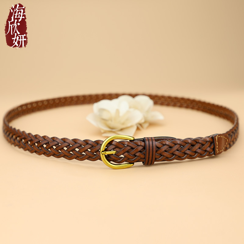 免打孔~真皮编织腰带复古时尚