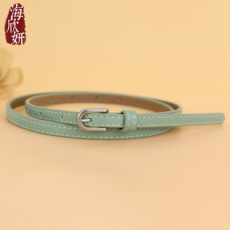 小腰带女真皮牛皮绿色时尚百搭细窄皮带装饰配夏季裙子束腰西裤带