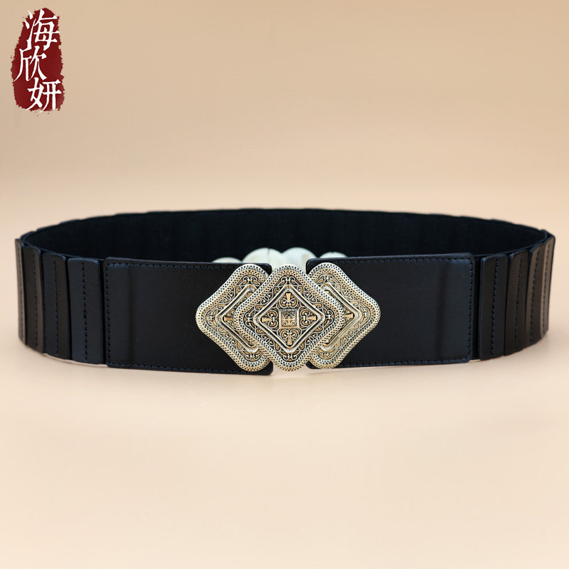 腰封女真皮头层牛皮黑色松紧宽腰带复古百搭装饰配连衣裙大衣皮带