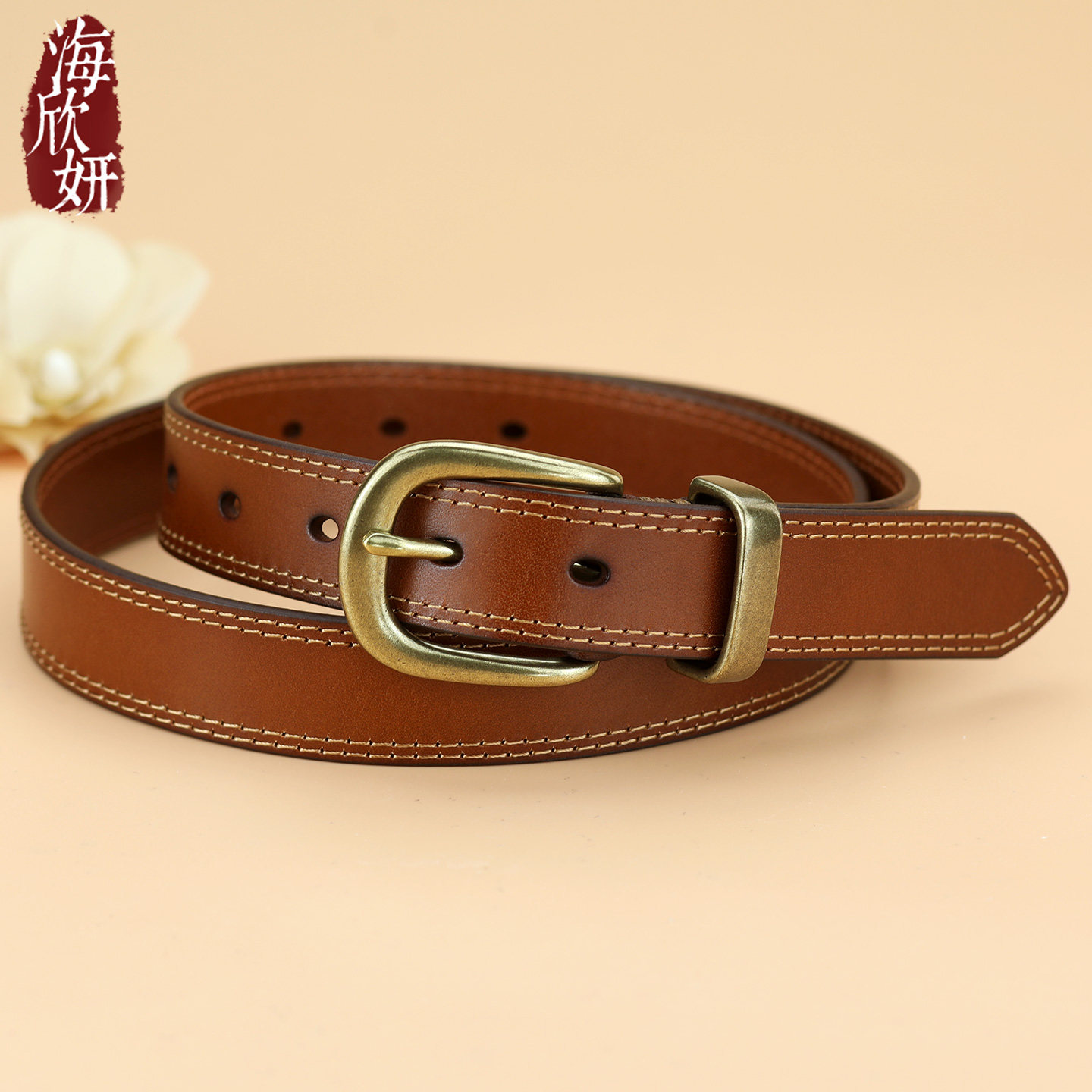 皮带女真皮头层牛皮咖色铜扣宽腰带复古时尚百搭装饰配裙牛仔裤带