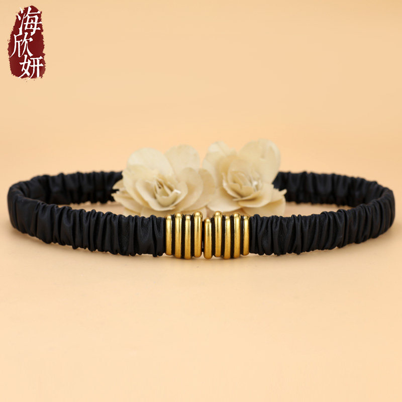 腰带女真皮软羊皮黑色松紧皮带时尚百搭装饰配裙子衬衫腰封高级感