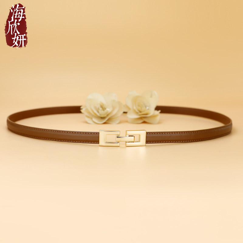 小腰带女真皮牛皮棕色时尚百搭细窄皮带装饰配连衣裙裤带束腰正品 - 封面