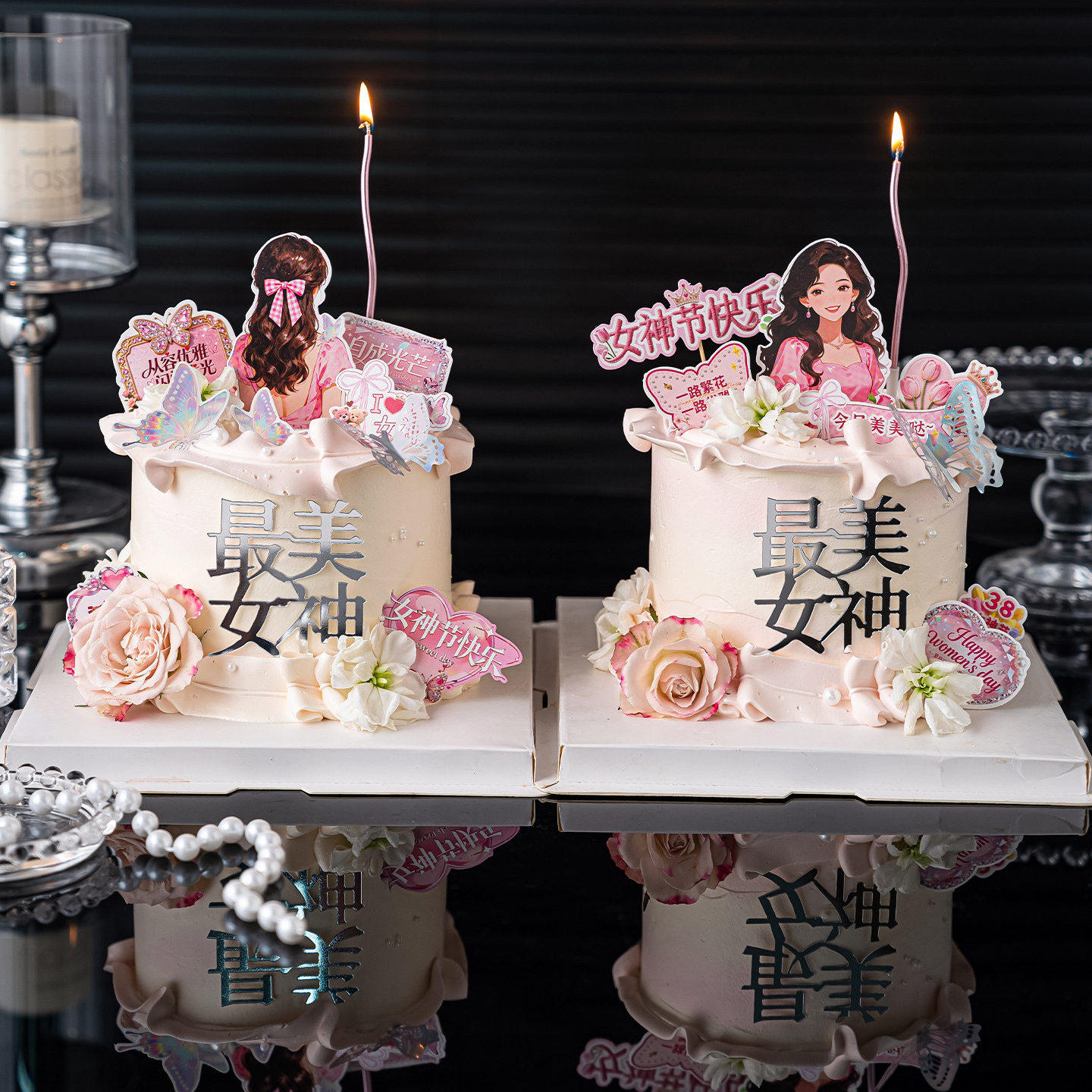 网红38女王节鲜花蛋糕装饰亚克力美丽女神节快乐插牌蝴蝶烘焙摆件