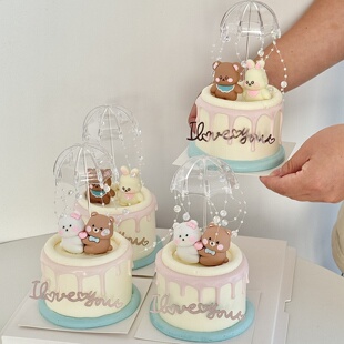 2026七夕情人节网红抱抱熊蛋糕装饰摆件透明小雨伞情侣装扮插件