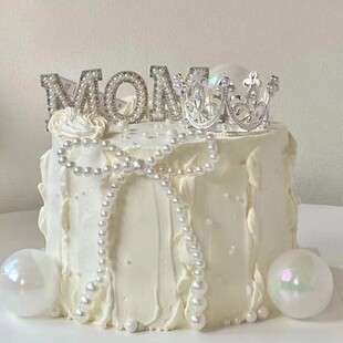 2025母亲节网红MOM蛋糕装饰珍珠插件珍珠蝴蝶结小皇冠蛋糕摆件