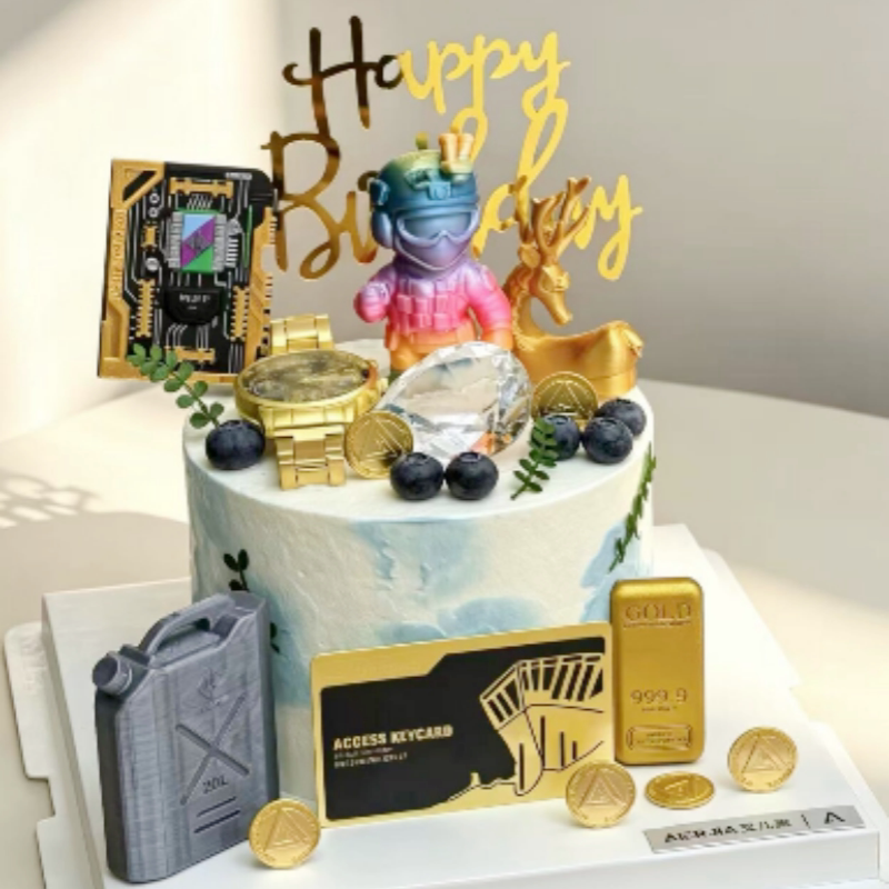 网红三角洲周边大红模型蛋糕装饰炫彩威龙金色生日甜品台装扮插牌
