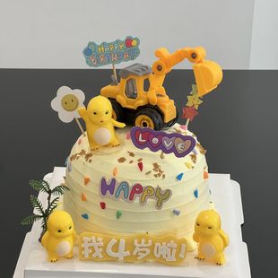 网红可爱奶龙蛋糕装 挖机小花HBD儿童生日烘焙甜品插牌 饰摆件拆装