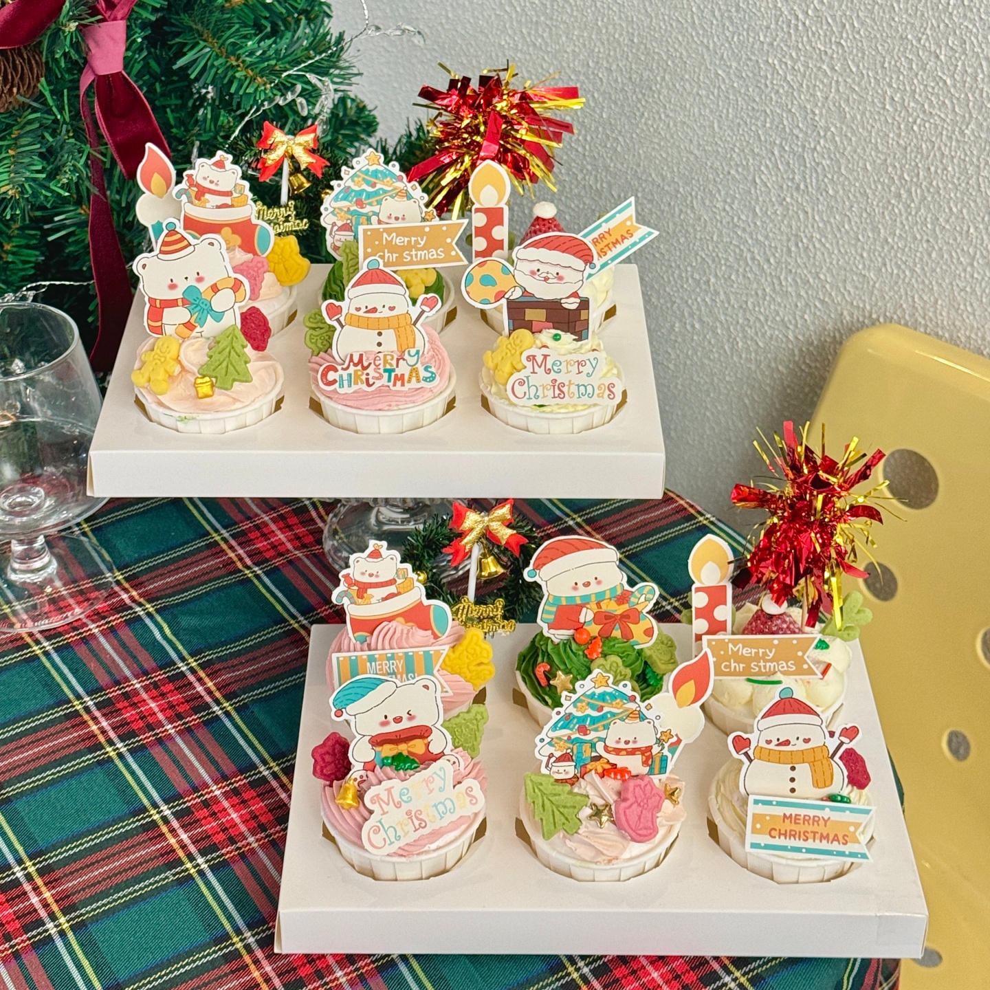 网红2025圣诞节纸杯蛋糕装饰插件圣诞老人卡通熊雪人插牌烘焙配件
