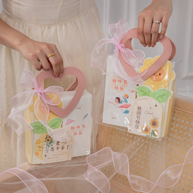 新款2025教师节蛋糕包装盒向日葵月饼伴手礼装饰透明手提袋包装袋