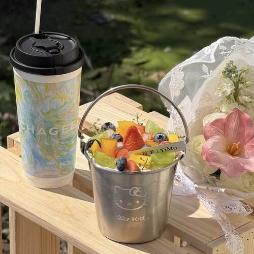 热门草莓水果甜品创意不锈钢手提桶小吃桶食物桶蛋糕装饰手提桶