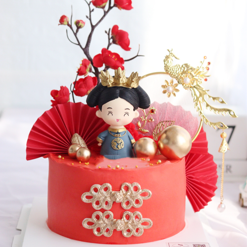 蛋糕烘焙装饰古装生日蛋糕皇上皇后娘娘凤凰于飞花环扇子插牌插件