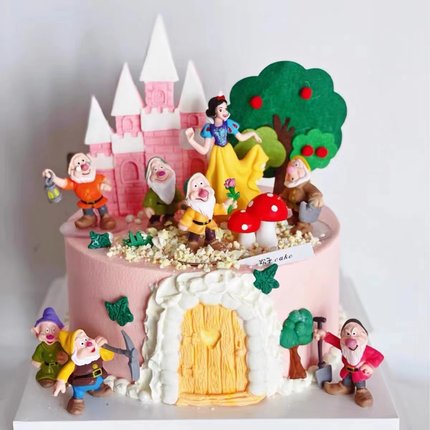 白雪公主和7个小矮人生日蛋糕装饰摆件网红女孩卡通儿童甜品插件