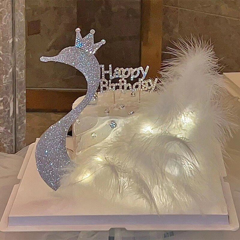 网红38女神节银色钻石天鹅皇冠亚克力羽毛小仙女生日蛋糕装饰摆件