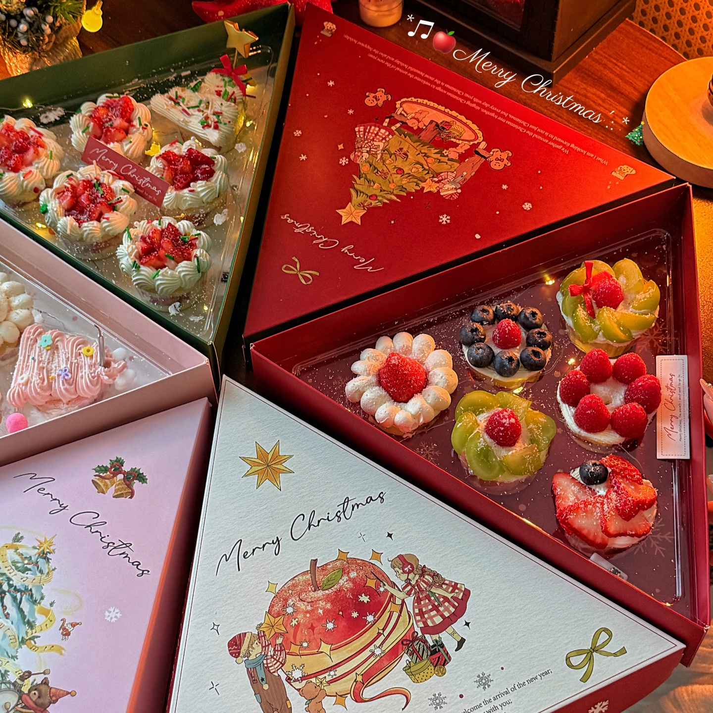 网红同款抱抱酱圣诞树苹果甜品三角蛋糕盒唯美蛋糕装扮打包盒摆件