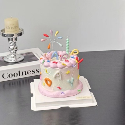 彩色礼花蛋糕装饰软胶生日happy英文字母儿童生日派对摆件插件