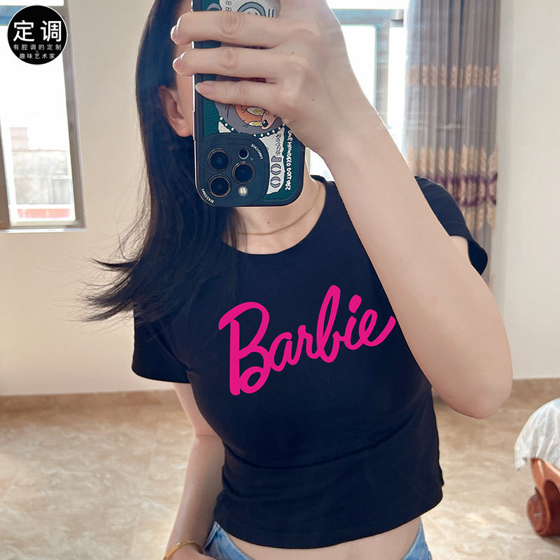 致敬芭比电影衣服印字barbie纯棉短款露脐高腰辣妹装短袖T恤定制
