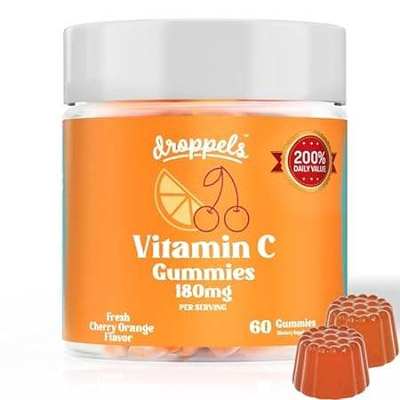 Droppels Vitamin C Gummies， 180mg – Vegan， Pectin Plant-B