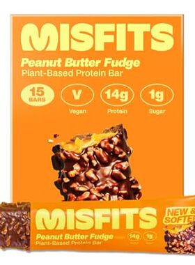 Misfits Vegan Protein Bar， Peanut Butter Fudge， Plant Bas
