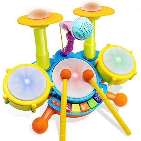 Drum Set for Kids with 2 Drum Sticks and Microphone, Musi