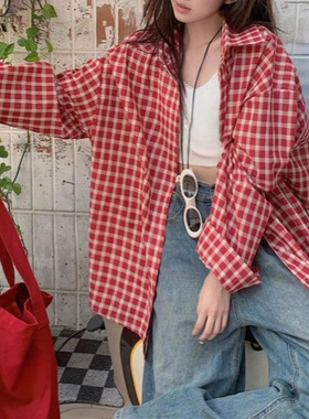 慵懒风红色格子长袖衬衫外套女装夏季高级感衬衣宽松显瘦上衣开衫