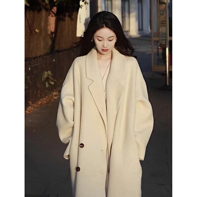 黑灰色双面羊绒大衣女款2025新款秋冬呢子大衣中长款韩系羊毛外套