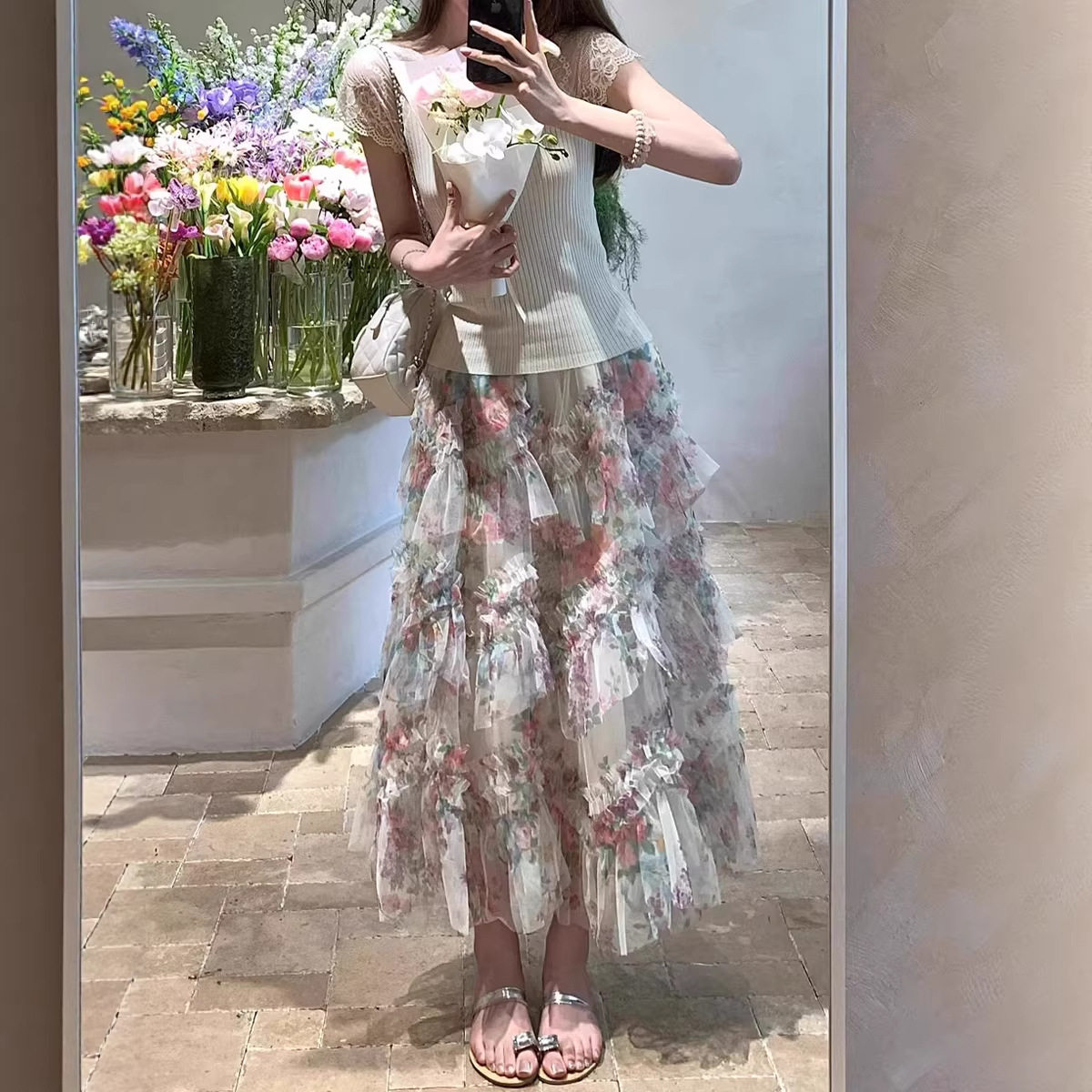 法式浪漫碎花蛋糕裙半身裙女夏季海边度假风超仙网纱拼接长裙套装