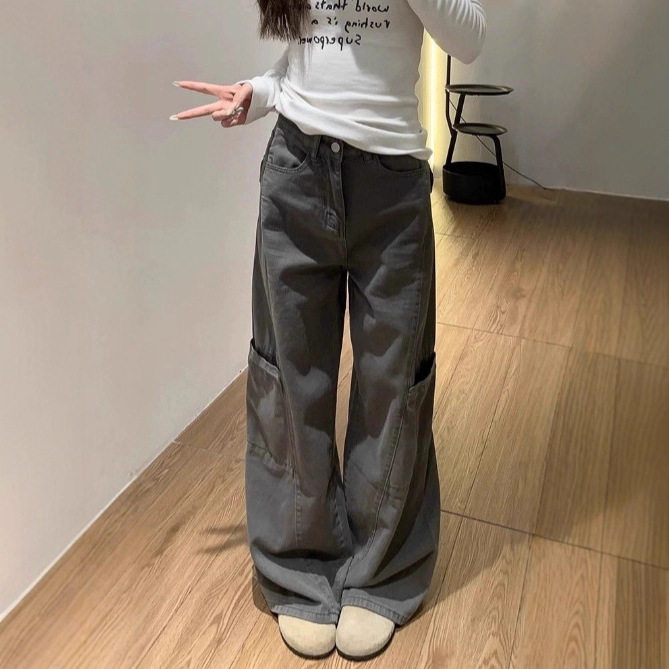 灰色阔腿工装裤女秋季新款胖mm大码宽松梨型身材显瘦直筒牛仔裤子